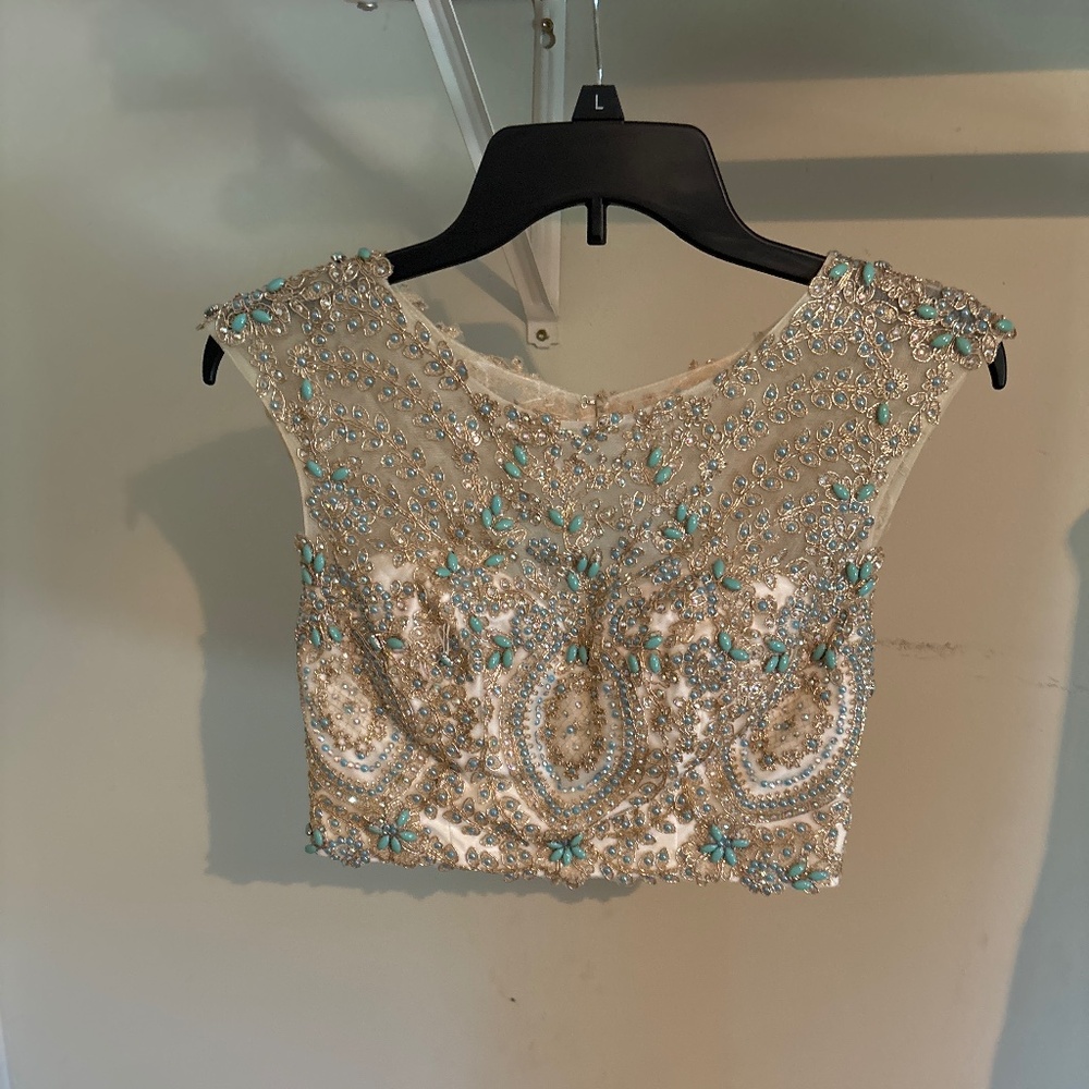 Embellished Cream and Blue Crop Top